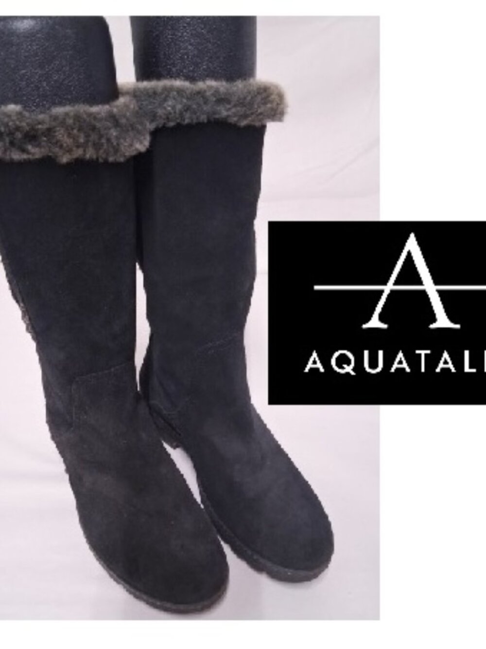 Aquatalia Black Suede Studded Fur-Lined Winter Boots w Side Zip Size 37 6.5